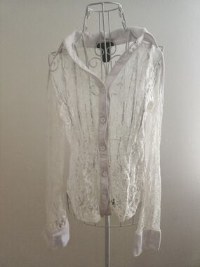 Vintage Grass Collection White Sheer Lace Button Down Blouse Y2K Juniors L